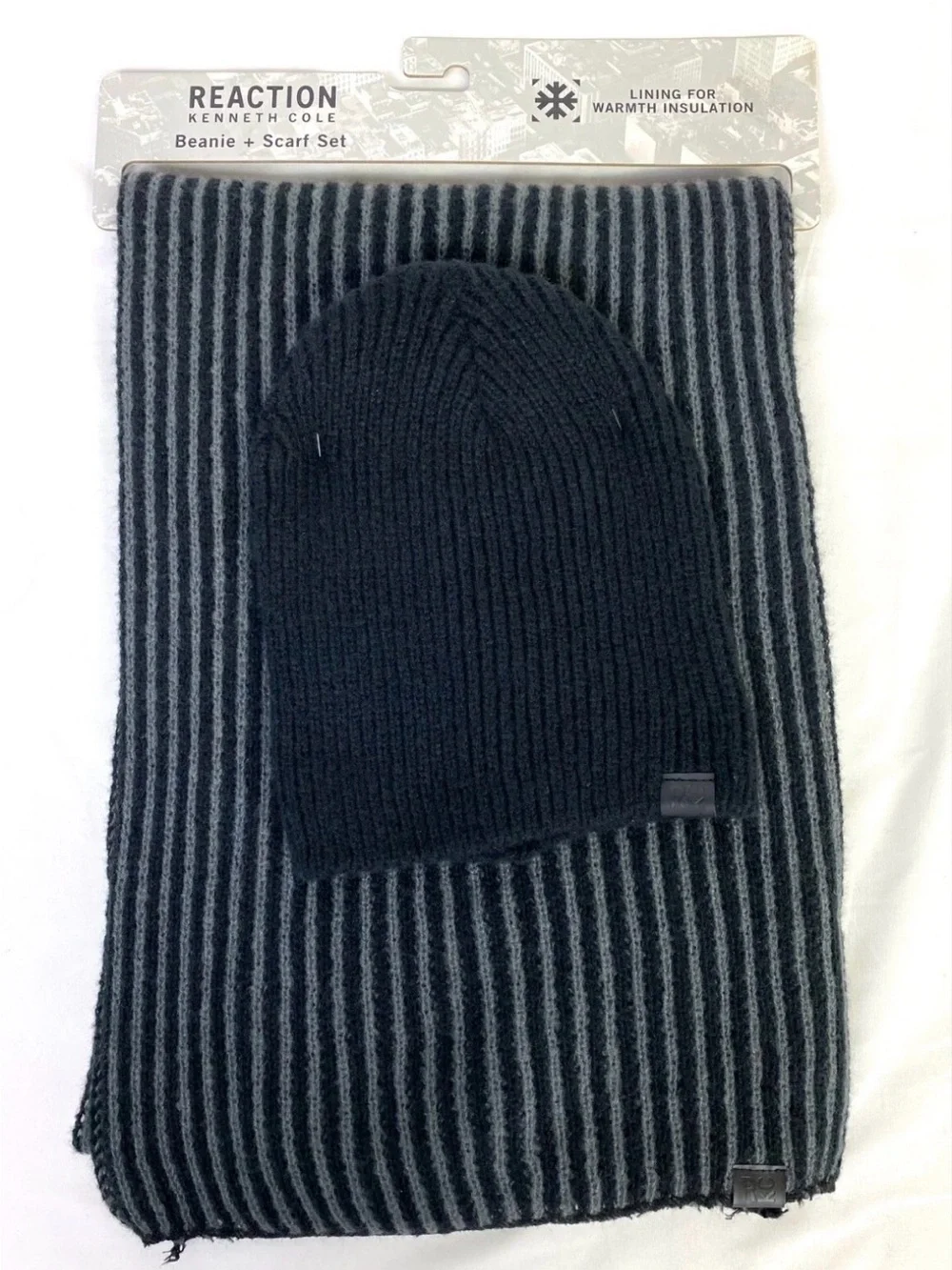 Kenneth Cole Men’s Black and Gray Striped Beanie & Scarf Set